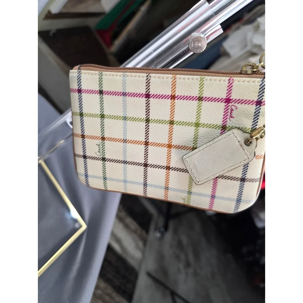 COACH Heritage Plaid Tattersall Stripe Horse & Carriage Wristlet Pouch Blue‎